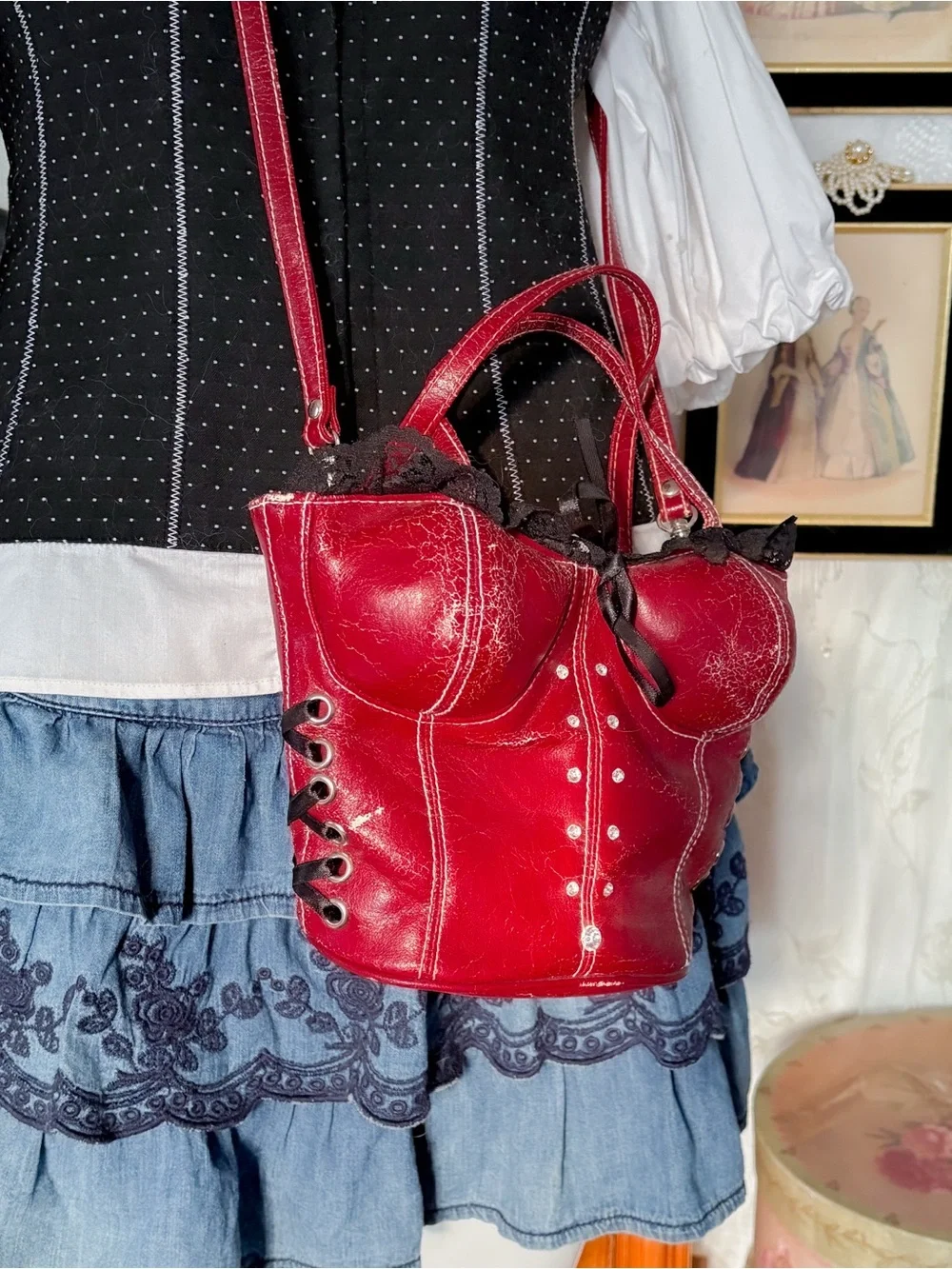 Y2K femme fatale grunge lace trim red corset bustier bag